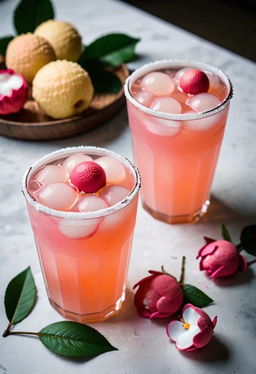 RAW photo, lychee rose cooler, hot summer day, food photo, DSLR, fresh lychee and rose petals garnish, soft lighting, high quality, film grain, Fujifilm XT