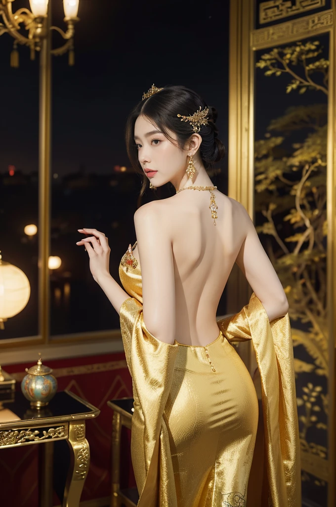 (((best quality))),(((ultra detailed))),(((masterpiece))),illustration,1 girl,solo,slim,thin,shoulder length straight bob hair,earrings,necklace,Asian appearance,princess,royal,Chinese palace,night scene,magnificent dragon gown,golden crown,intricate embroidery,luxurious fabric,precious stones,metallic throne,decorative patterns,rich decorations,luxurious furnishings,regal charm,beautiful face,gentle smile,bright eyes,historical,traditional,city lights,modernity,frozen moment,beauty of the past,evolution of time,from back,upper body,standing,((bare back,towering hips,butt crack))
