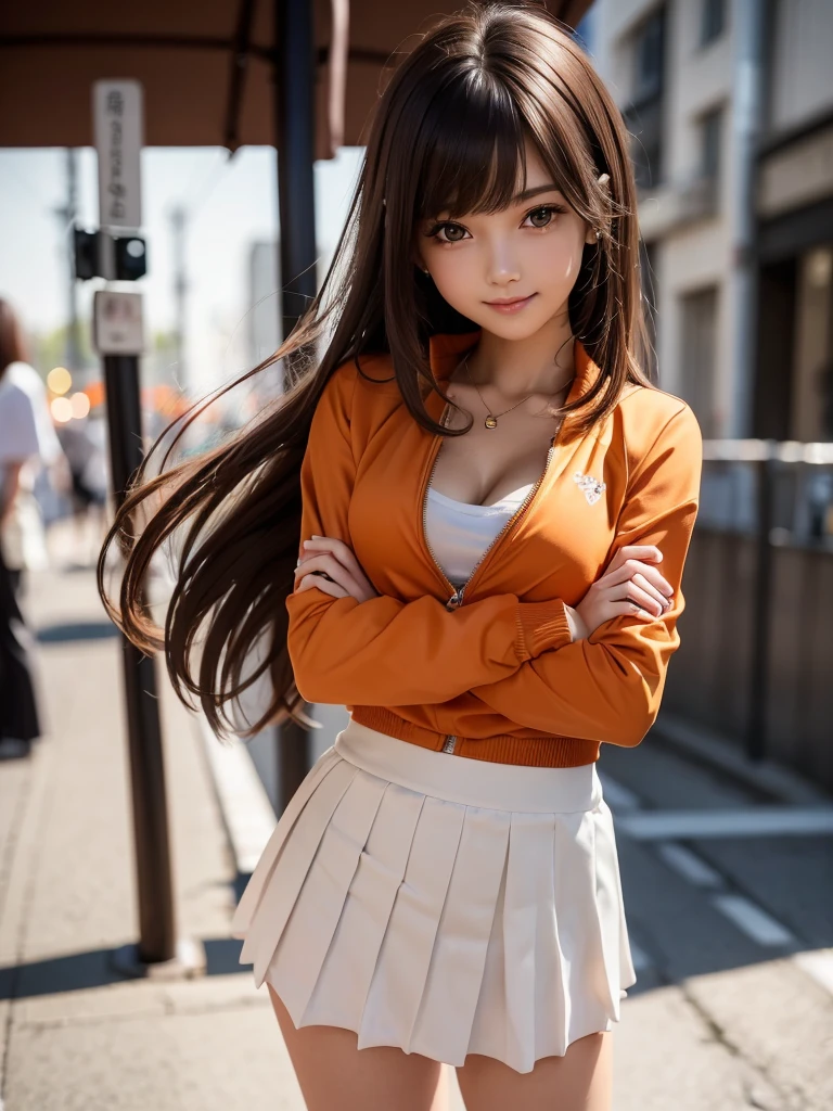 (8K, RAW Photos, Highest quality, masterpiece:1.2), (Realistic, photo-Realistic:1.4), (Highly detailed 8K wallpapers), ((Full Body Shot)), (1 girl), Sharp focus, Depth of written boundary, Cinematic lighting, Soft Light, 緻密な美しさのeye, eye_Chan, Very beautiful 17 year old girl, innocent big eyes, Realistic, photo Realistic, Highly detailed cute girl, (Thin thighs), (Model Body Type), 18-year-old, ((Orange track jacket)), (Black Micro Mini Pleated Skirt), (((Fold your arms in front of your chest and act arrogantly))), ((A happy smile)), Parted lips, Watching the audience, (On the streets of Tokyo) , (Brown Hair),（Long Bob Hair), (Asymmetrical bangs