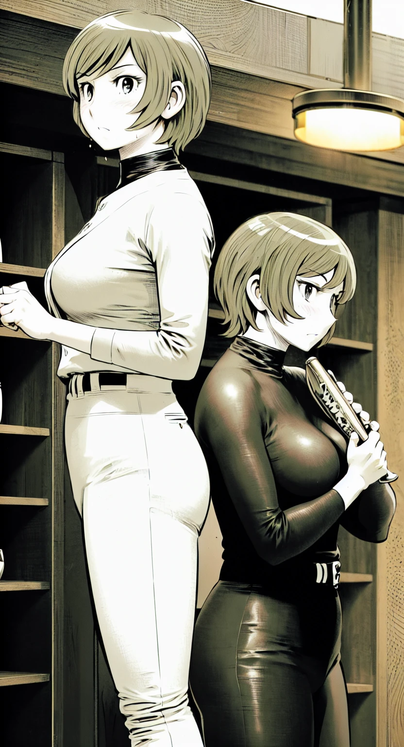 (野球uniform:1.2),
Blonde Hair, (short hair:1.2),Long sleeve, Black Shirt, turtleneck,White trousers、uniform、Black belt、((Illustration of people))、Big Boobs、
View Audience,, (Highest quality:1.3),One Girl, White pants、uniform、indoor、baseball 、White wall、blue eyes、Tight black shirt、(masterpiece、Highest quality)、Highest quality, Ultra-high resolution, (((masterpiece))), alone, Sweat、Big eyes、Big Breasts、One Girl, Front view、Embarrassed face、Bronze colored hair、((short hair))、Stand up straight、Cowboy Shot
