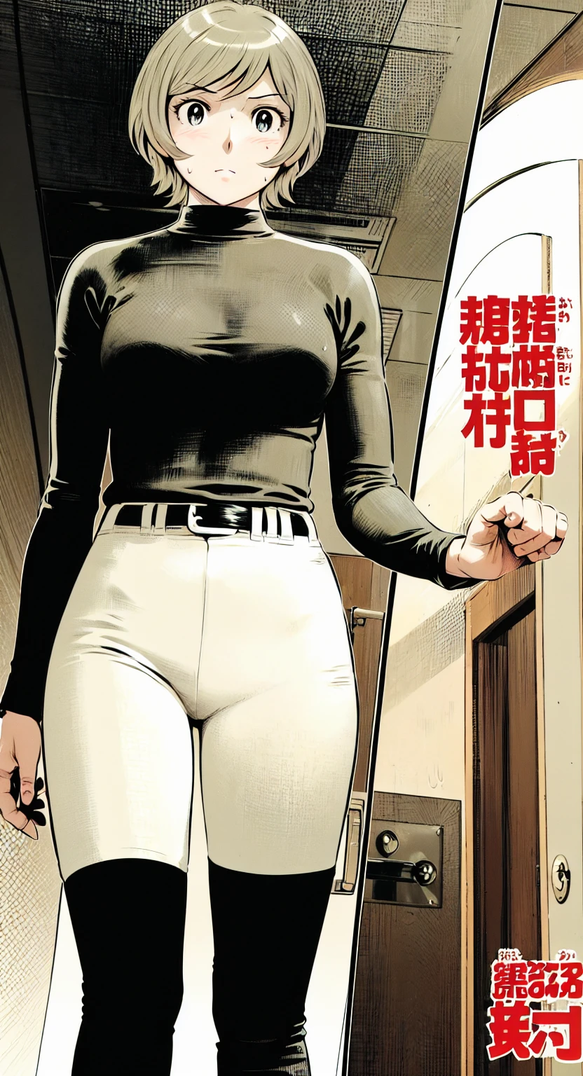 (野球uniform:1.2),
Blonde Hair, (short hair:1.2),Long sleeve, Black Shirt, turtleneck,White trousers、uniform、Black belt、((Illustration of people))、Big Boobs、
View Audience,, (Highest quality:1.3),One Girl, White pants、uniform、indoor、baseball 、White wall、blue eyes、Tight black shirt、(masterpiece、Highest quality)、Highest quality, Ultra-high resolution, (((masterpiece))), alone, Sweat、Big eyes、Big Breasts、One Girl, Front view、Embarrassed face、Bronze colored hair、((short hair))、Stand up straight、Cowboy Shot