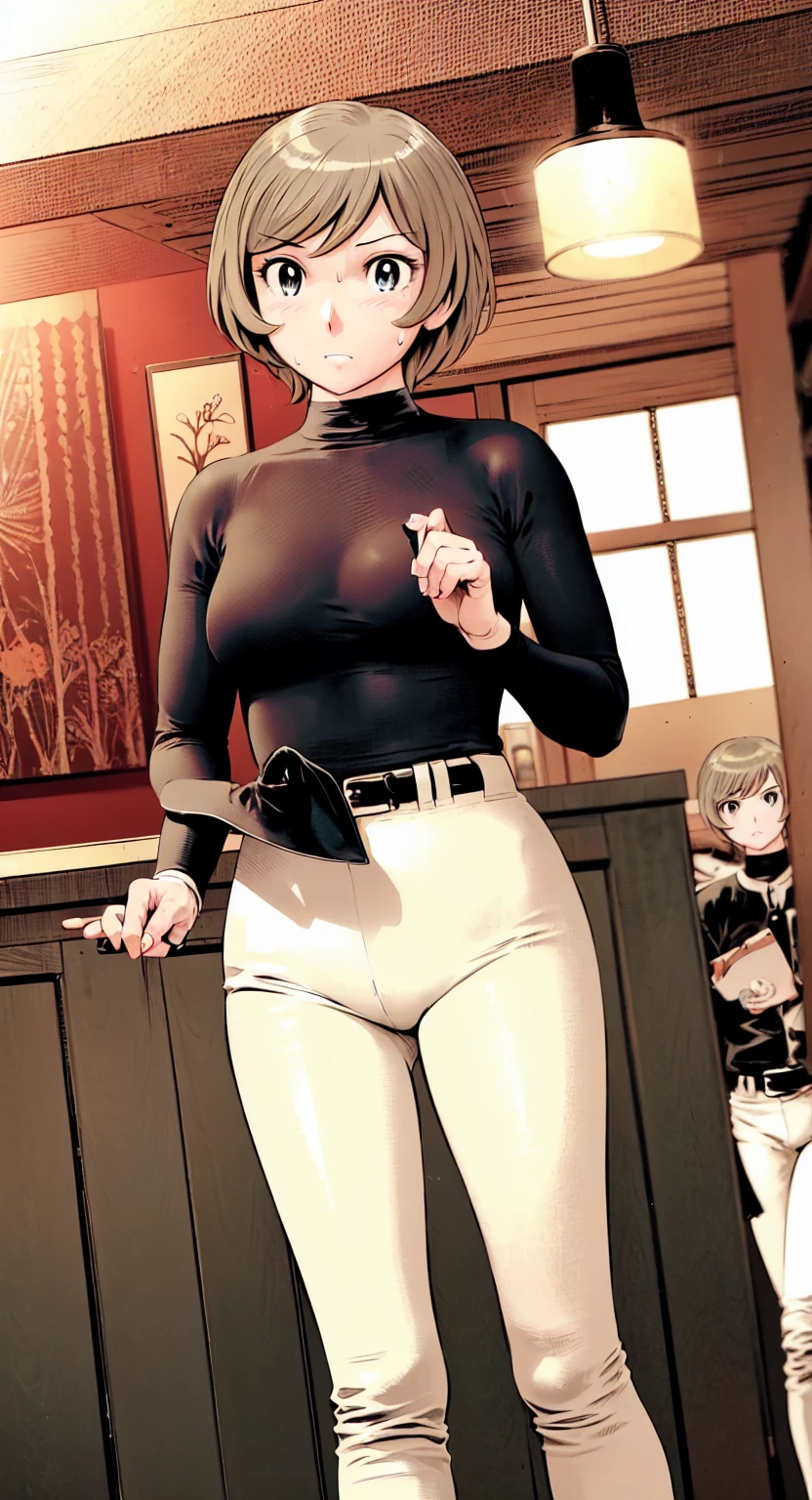 (野球uniform:1.2),
Blonde Hair, (short hair:1.2),Long sleeve, Black Shirt, turtleneck,White trousers、uniform、Black belt、((Illustration of people))、Big Boobs、
View Audience,, (Highest quality:1.3),One Girl, White pants、uniform、indoor、baseball 、White wall、blue eyes、Tight black shirt、(masterpiece、Highest quality)、Highest quality, Ultra-high resolution, (((masterpiece))), alone, Sweat、Big eyes、Big Breasts、One Girl, Front view、Embarrassed face、Bronze colored hair、((short hair))、Stand up straight、Cowboy Shot