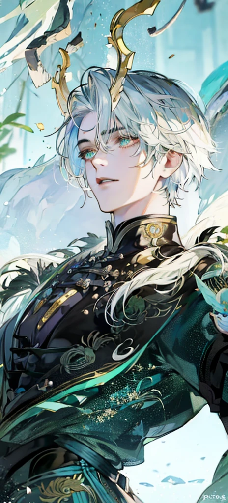 a man with horns and a blue-green dress, is standing in front of the sky, keqing do impacto genshin, zhongli do impacto genshin, torn apart, heise jinyao, inspired by Yang Jin, by Yang J, inspired by Huang Shen, g liulian art style, Extremely detailed Artgerm, blessed waters in wlop style