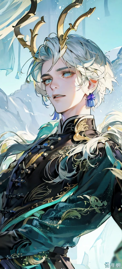 a man with horns and a blue-green dress, is standing in front of the sky, keqing do impacto genshin, zhongli do impacto genshin, torn apart, heise jinyao, inspired by Yang Jin, by Yang J, inspired by Huang Shen, g liulian art style, Extremely detailed Artgerm, blessed waters in wlop style