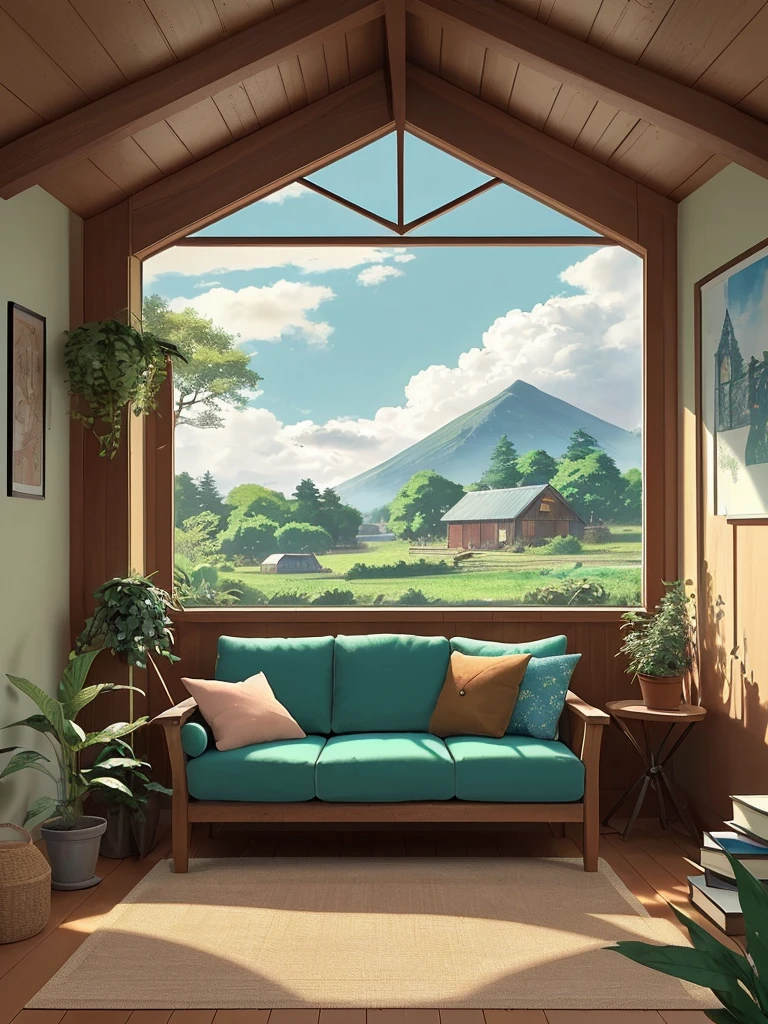 Draw an anime lofi scene of mountin facing green wooden bedroom, lot of plants, books, sofa, open roof, blue sky, beautiful sunny day, big teddy bear in the corner, aesthetically beautiful, rugsack, earthy colors, cozy space, carpet, hippy vibes, vibrant saturated colors, beautiful color palette, masterpiece, calm, peaceful, no human, cloudy sky