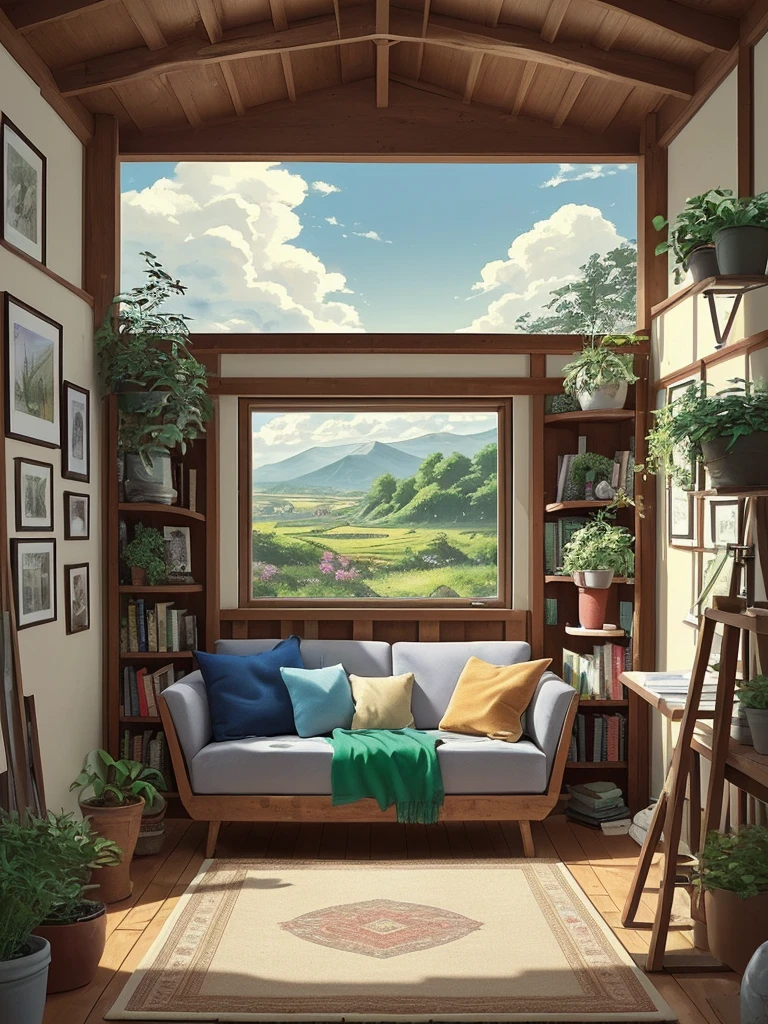 Draw an anime lofi scene of mountin facing green wooden bedroom, lot of plants, books, sofa, open roof, blue sky, beautiful sunny day, big teddy bear in the corner, aesthetically beautiful, rugsack, earthy colors, cozy space, carpet, hippy vibes, vibrant saturated colors, beautiful color palette, masterpiece, calm, peaceful, no human, cloudy sky