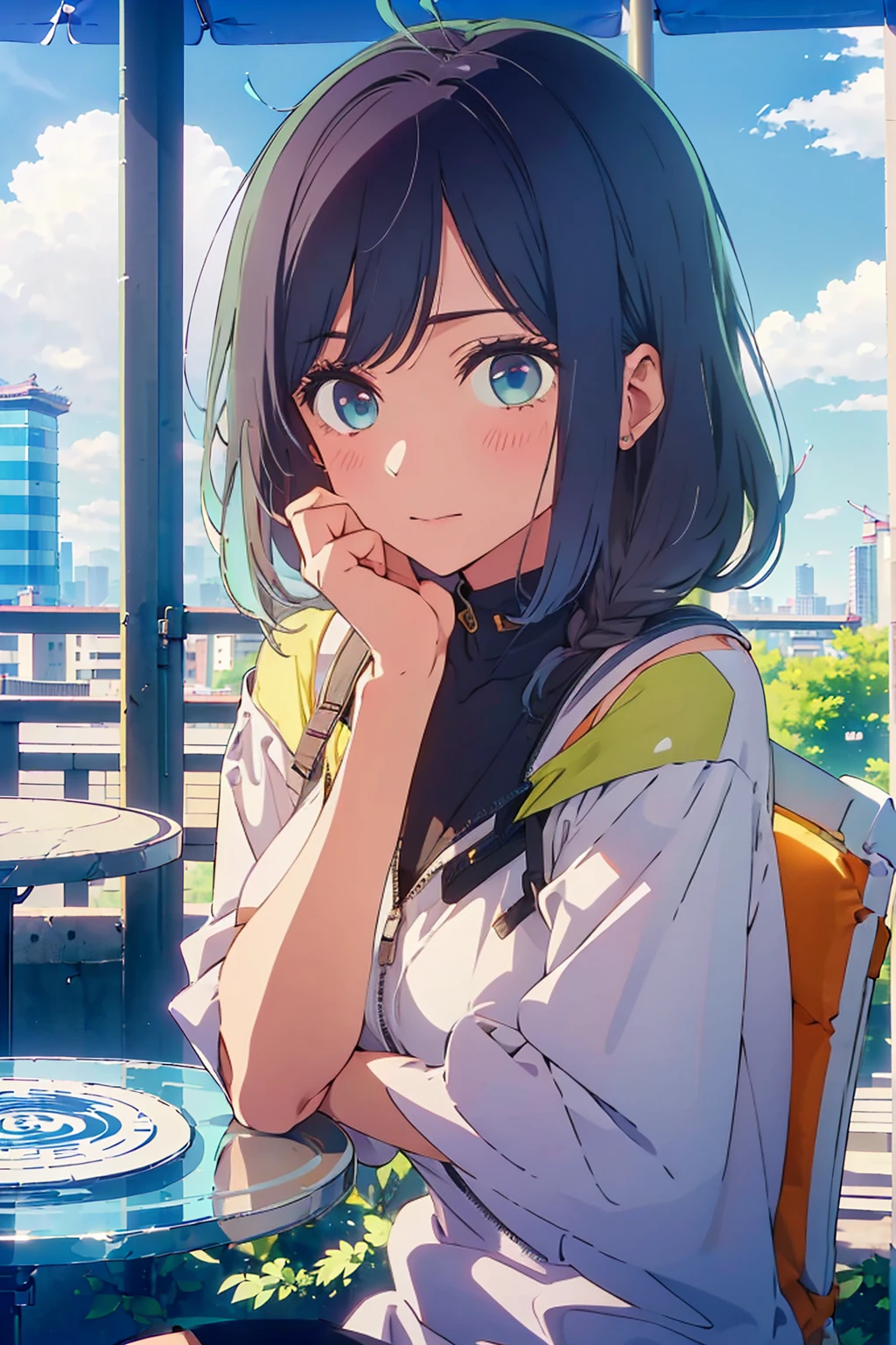 (Highest quality:1.4、8K:1.4、detailed)、F cup bust、Big Breasts、Slim body、Very white beautiful skin、((((1 person、Surprised expression、sit、Chair、In the background are the urban buildings of Tokyo、looking at the camera、Outdoor café terrace、Navy hair color、juice、table、Very cute face))))、((((nude、Areola))))、(Pose with hair tucked behind ears with both hands:1.4、Cheek resting on hand:1.4)、((Off-the-shoulder black blouson with zipper))、Nipples、Very blue sky、A completely cloudless sky