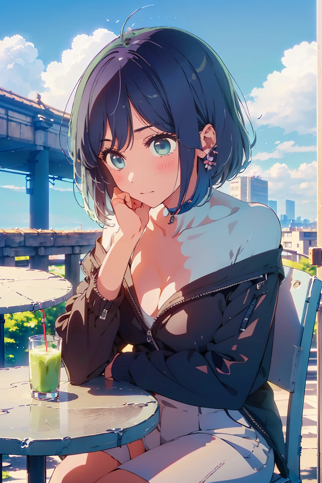 (Highest quality:1.4、8K:1.4、detailed)、F cup bust、Big Breasts、Slim body、Very white beautiful skin、((((1 person、Surprised expression、sit、Chair、In the background are the urban buildings of Tokyo、looking at the camera、Outdoor café terrace、Navy hair color、juice、table、Very cute face))))、((((nude、Areola))))、(Pose with hair tucked behind ears with both hands:1.4、Cheek resting on hand:1.4)、((Off-the-shoulder black blouson with zipper))、Nipples、Very blue sky、A completely cloudless sky