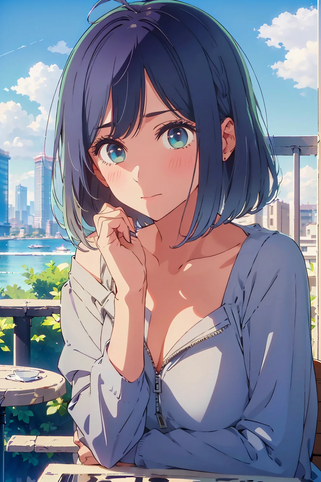 (Highest quality:1.4、8K:1.4、detailed)、F cup bust、Big Breasts、Slim body、Very white beautiful skin、((((1 person、Surprised expression、sit、Chair、In the background are the urban buildings of Tokyo、looking at the camera、Outdoor café terrace、Navy hair color、juice、table、Very cute face))))、((((nude、Areola))))、(Pose with hair tucked behind ears with both hands:1.4、Cheek resting on hand:1.4)、((Off-the-shoulder black blouson with zipper))、Nipples、Very blue sky、A completely cloudless sky