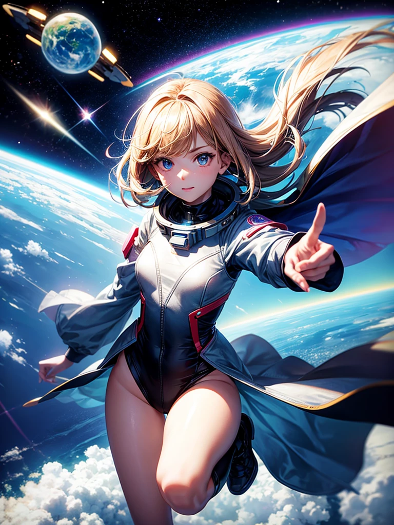 Highest quality,Highest Resolution,A beautiful android girl flying in space,Earth in the background,Equipped with cutting-edge technology,