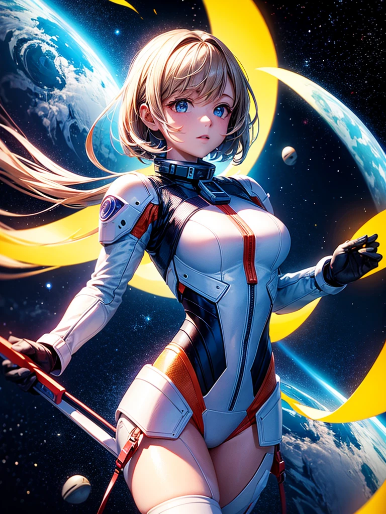 Highest quality,Highest Resolution,A beautiful android girl flying in space,Earth in the background,Equipped with cutting-edge technology,