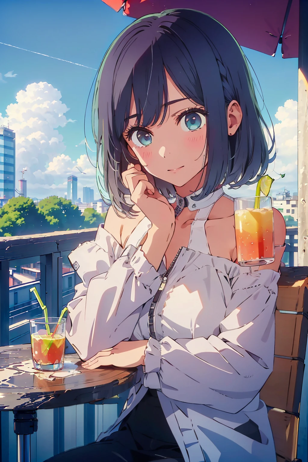 (Highest quality:1.4、8K:1.4、detailed)、F cup bust、Big Breasts、Slim body、Very white beautiful skin、((((1 person、Surprised expression、sit、Chair、In the background are the urban buildings of Tokyo、looking at the camera、Outdoor café terrace、Navy hair color、juice、table、Very cute face))))、((((nude、Areola))))、(Pose with hair tucked behind ears with both hands:1.4、Cheek resting on hand:1.4)、((Off-the-shoulder black blouson with zipper))、Nipples、Very blue sky、A completely cloudless sky