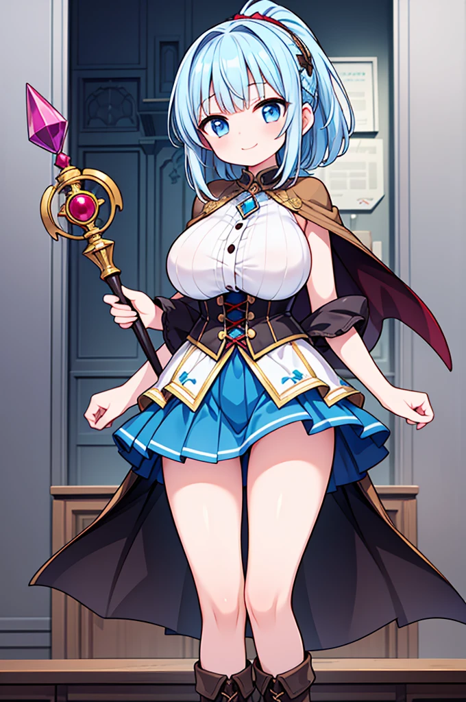 Fantasy,steampunk,((Masterpiece)),((high resolution)),((Best Quality)),Anime illustration,((1girl)),(wavy hair),(short hair),(pale blue hair color),ponytail,headband,Big, round, blue eyes,Droopy eyes,15 years old,baby face and big breasts,(big breasts),Short stature,,wizard,sleeveless white blouse,Blue mini skirt,slit,Brown corset,brown capelet,smile,,Brown long boots,wizard's wand with blue gem,