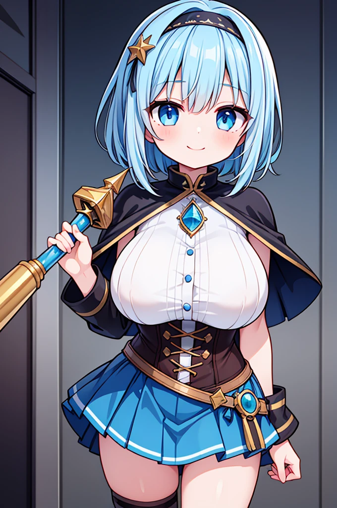 Fantasy,steampunk,((Masterpiece)),((high resolution)),((Best Quality)),Anime illustration,((1girl)),(wavy hair),(short hair),(pale blue hair color),ponytail,headband,Big, round, blue eyes,Droopy eyes,,baby face and big breasts,(big breasts),Short stature,,wizard,sleeveless white blouse,Blue mini skirt,slit,Brown corset,brown capelet,smile,,Brown long boots,wizard's wand with blue gem,