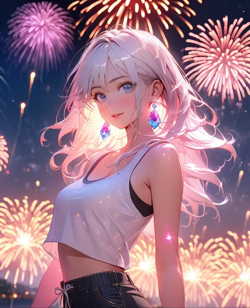 8K,gal,Beautiful and realistic skin,Shiny jewel-like earrings,Pink glowing tattoo,Long white hair,blue eyes,whole body,Night view,Tank top,pants,Big fireworks,Sparkling landscape,