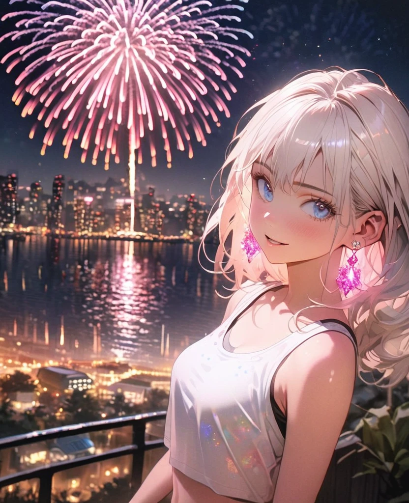 8K,gal，Beautiful and realistic skin,Shiny jewel-like earrings，Pink glowing tattoo,Long white hair,blue eyes,whole body,Night view,Tank top,pants,Big fireworks,Sparkling landscape,