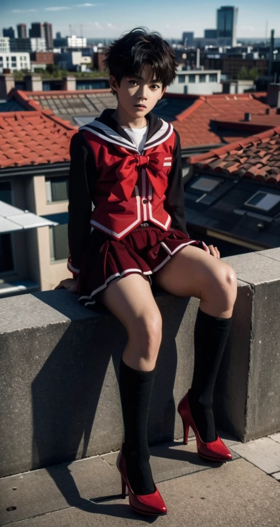 1 little boy，Shota，No makeup，short hair，Cover your skirt with your hands，Male characteristics，Unique的，face to face audience，full-body shot，Red JK，miniskirt，Black pantyhose，Sailor Suit，Sitting，Unique ，roof，City background，Rooftop，Keep your legs together，8K，Red high heels