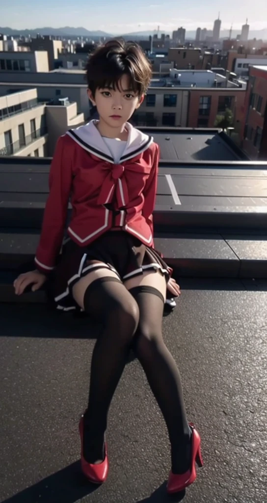 1 little boy，Shota，No makeup，short hair，Cover your skirt with your hands，Male characteristics，Unique的，face to face audience，full-body shot，Red JK，miniskirt，Black pantyhose，Sailor Suit，Sitting，Unique ，roof，City background，Rooftop，Keep your legs together，8K，Red high heels