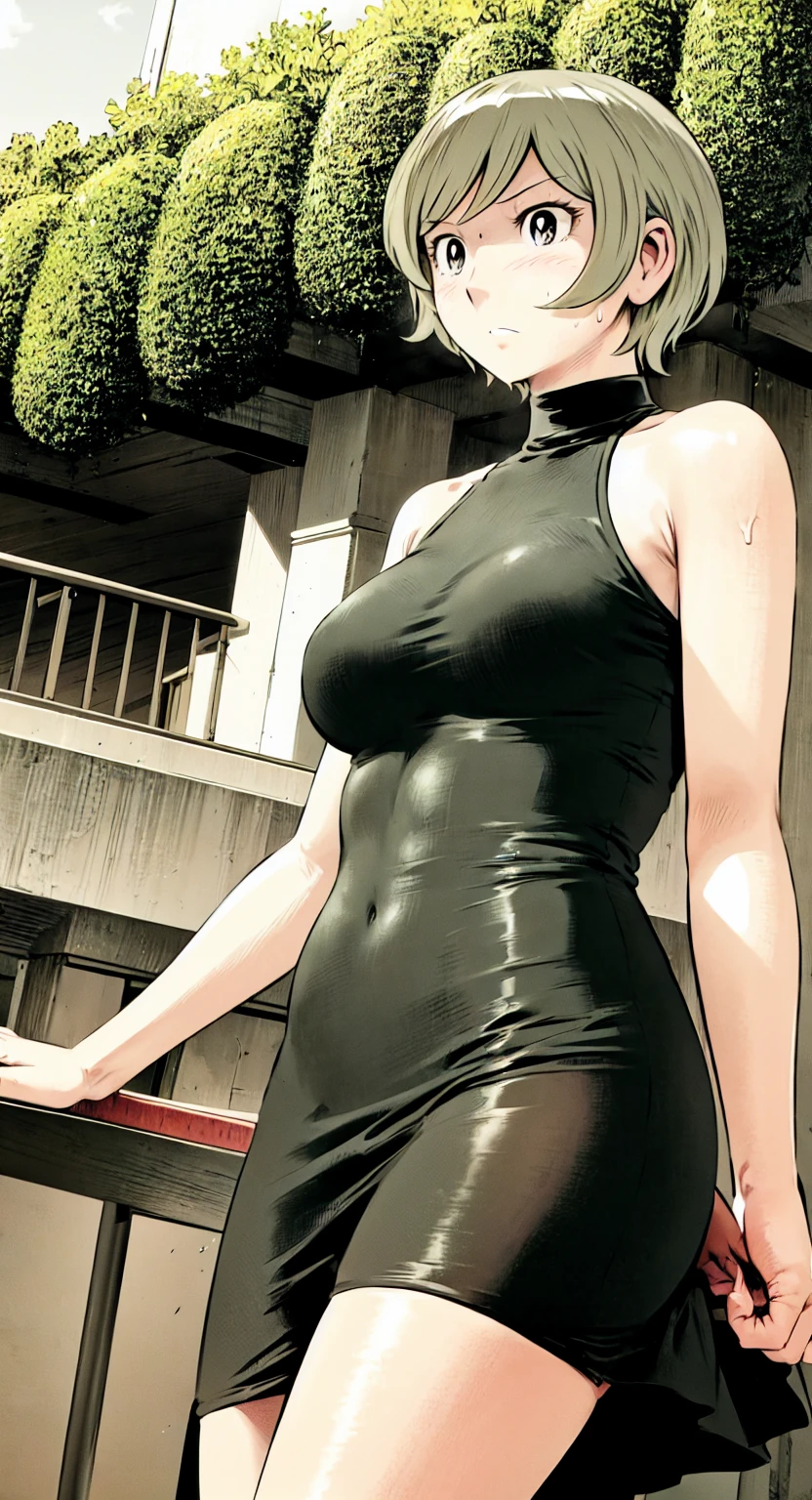 、(masterpiece、Highest quality)、Highest quality, Ultra-high resolution, (((masterpiece))), alone, Sweat、Big eyes, Please show me your armpits, No sleeve、Outdoor、Floral dress、Composition from the front、（Cut the back hair short、short hair、blonde、woman）、Shortcuts、Embarrassed face、Cut your hair short、可愛いwomanの子、Big Breasts