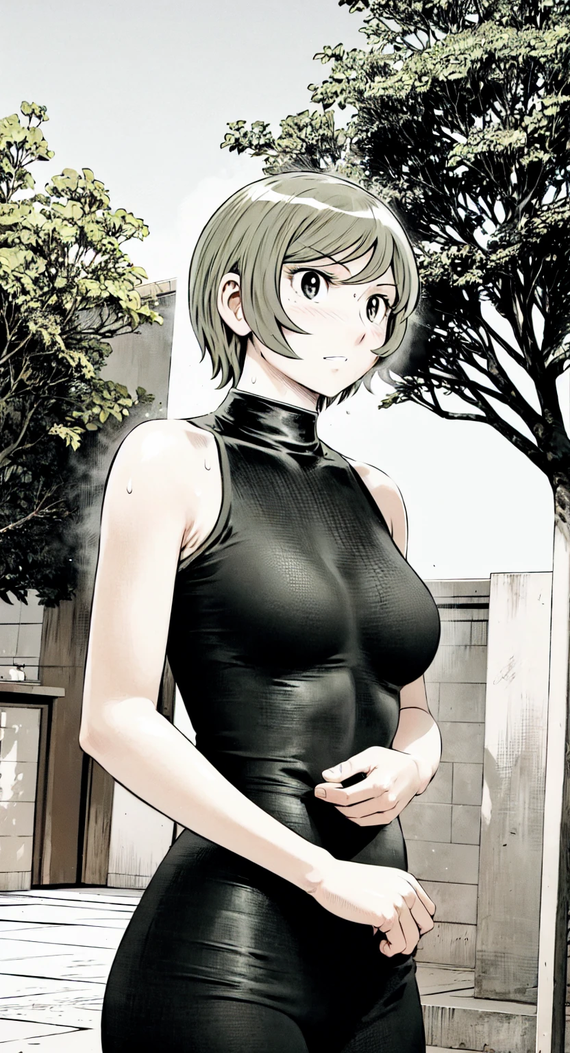、(masterpiece、Highest quality)、Highest quality, Ultra-high resolution, (((masterpiece))), alone, Sweat、Big eyes, Please show me your armpits, No sleeve、Outdoor、Floral dress、Composition from the front、(Cut the back hair short、short hair、blonde、woman)、Shortcuts、Embarrassed face、Cut your hair short、可愛いwomanの子、Big Breasts