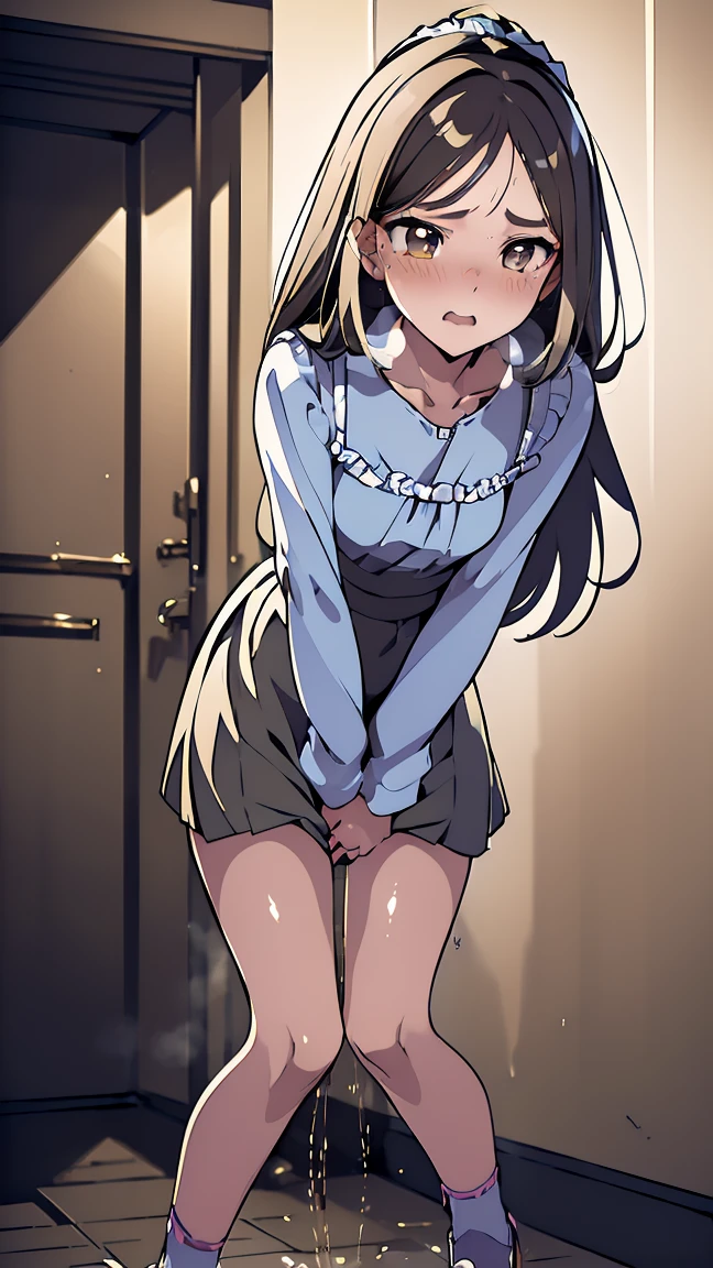 (ultra-detailed, best quality, ultra-detailed face, anatomically perfect body, shiny skin:2), (1 girl, have to pee, peeing herself, peeing, peeing self, very desperate to pee, have to pee, have to pee, peeing, peeing self, peeing, peeing self:1.3), (girl and other girls waiting in line public bathroom, frill long skirt, smock blouse, foot ware:1.4), (have to pee, hold crotch, knees together and feet apart, hand between legs:1.7), (leaning forward:1.5), (erotic twist of the body1.3), (no pupils:1.5), (nose blush:1.5), (embarrassment:1.4), (flying sweat:1.5), (breathless:2), (alarmed, confused, squinting, looking away:1.4), (teeth:1.1), (girl can't stand up straight:1.2), (natural makeup), from side, from below, crotch focus