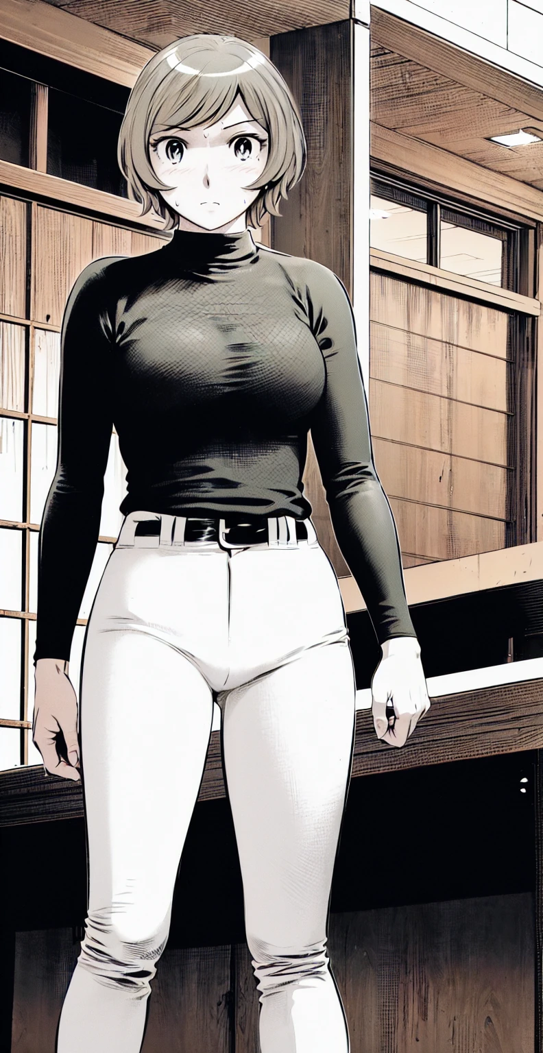 (野球uniform:1.2),
Blonde Hair, (short hair:1.2),Long sleeve, Black Shirt, turtleneck,White trousers、uniform、Black belt、((Illustration of people))、Big Boobs、
View Audience,, (Highest quality:1.3),One Girl, White pants、uniform、indoor、baseball 、White wall、blue eyes、Tight black shirt、(masterpiece、Highest quality)、Highest quality, Ultra-high resolution, (((masterpiece))), alone, Sweat、Big eyes、Big Breasts、One Girl, Front view、Embarrassed face、Bronze colored hair、((short hair))、Stand up straight、Cowboy Shot