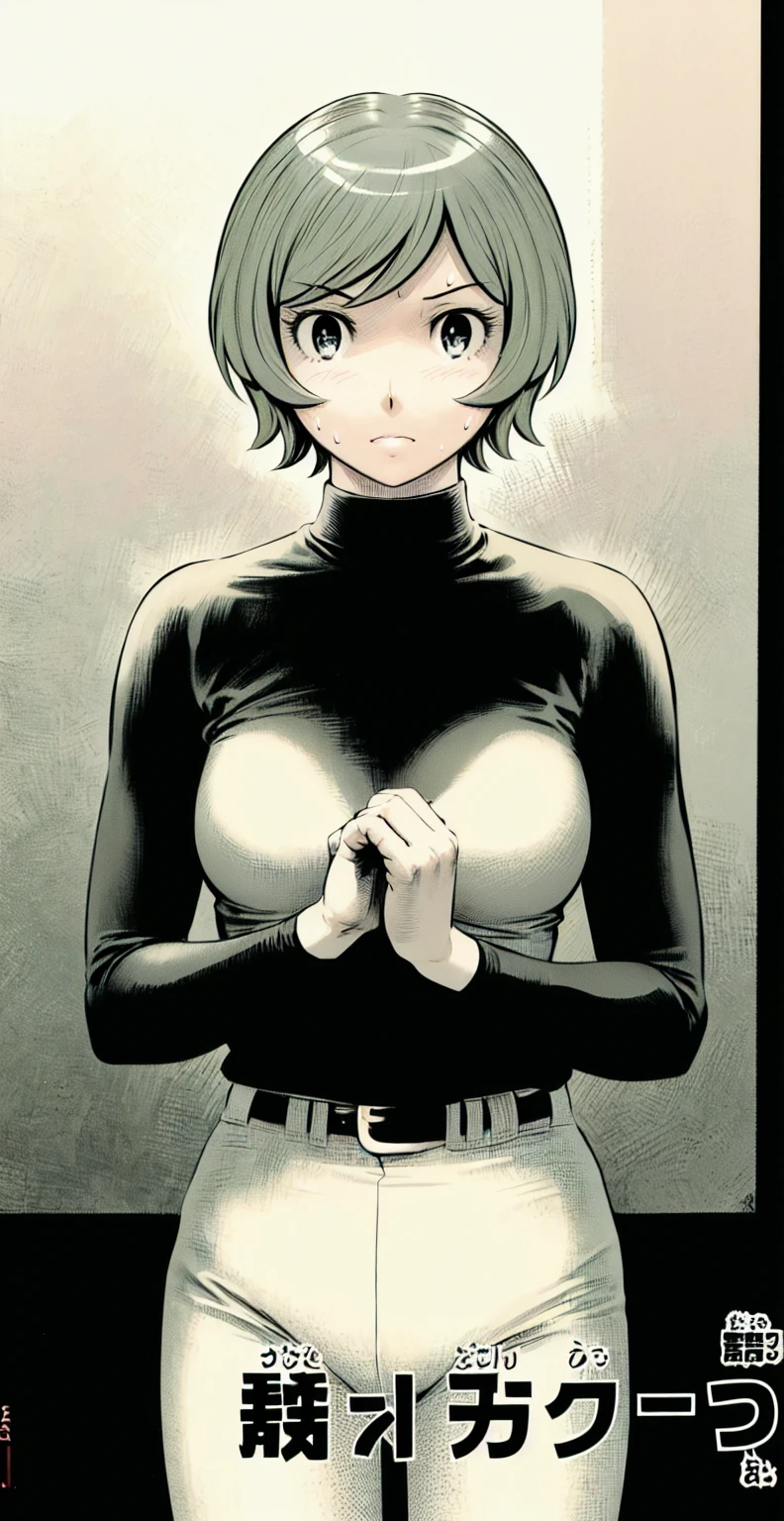 (野球uniform:1.2),
Blonde Hair, (short hair:1.2),Long sleeve, Black Shirt, turtleneck,White trousers、uniform、Black belt、((Illustration of people))、Big Boobs、
View Audience,, (Highest quality:1.3),One Girl, White pants、uniform、indoor、baseball 、White wall、blue eyes、Tight black shirt、(masterpiece、Highest quality)、Highest quality, Ultra-high resolution, (((masterpiece))), alone, Sweat、Big eyes、Big Breasts、One Girl, Front view、Embarrassed face、Bronze colored hair、((short hair))、Stand up straight、Cowboy Shot