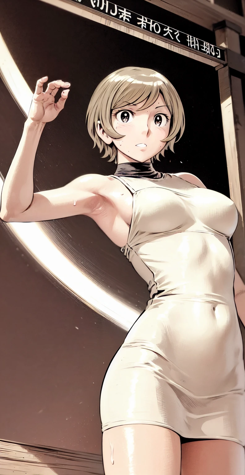 、(masterpiece、Highest quality)、Highest quality, Ultra-high resolution, (((masterpiece))), alone, Sweat、Big eyes, Please show me your armpits, No sleeve、Outdoor、Floral dress、Composition from the front、(Cut the back hair short、short hair、blonde、woman)、Shortcuts、Embarrassed face、Cut your hair short、可愛いwomanの子、Big Breasts