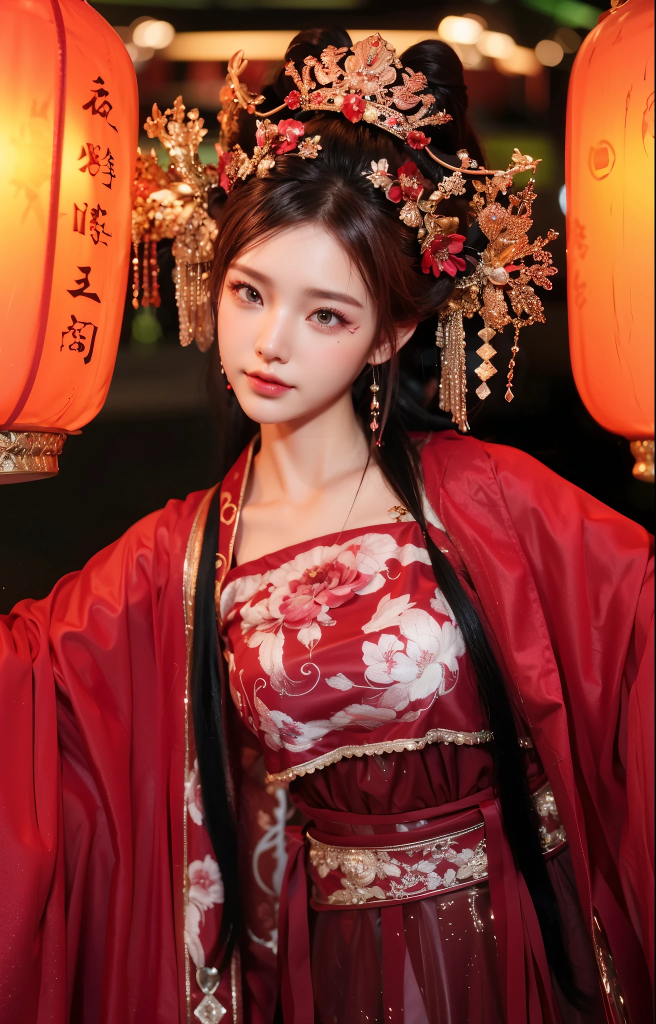 Game Art，CG Animation，Best image quality，Maximum resolution，8K picture quality，(A bust photo)，(portrait)，(Head close-up)，(Rule of Thirds)，Unreal Engine 5 rendering works，20 year old girl，((Queen))，The eyes are very detailed，(Large Breasts)，Elegance and nobility，Ray Tracing，Game CG，((3D Unreal Engine))，OC rendering reflection mode，4K，Ultra-clear，Translucent lace，Fair and plump figure，Pretty Face，Glossy Gel Coat，身着华贵礼服的Queen，Gorgeous clothing，Luxurious and exquisite jewelry，Colorful makeup，Full figure，Dark red lipstick，精致Gorgeous clothing，Chinese Hanfu，Fairy