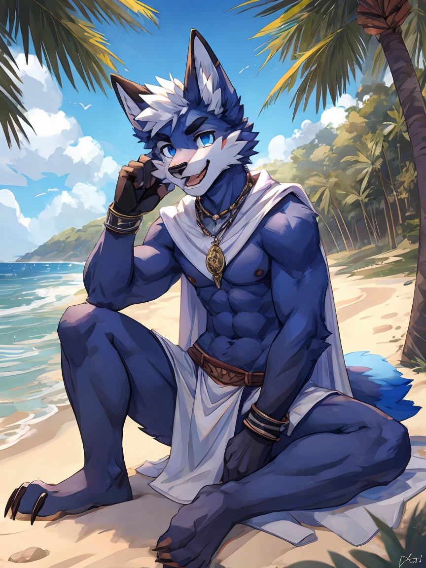 anger,solo,freshmen,young people,white hair, nipples,fox, blue eyes, masterpiece, bright blue fur, clean face, blue necklace, thick eyebrows, detailed eyes, anthro, claw, (white headband),white hands,white feet,white cape,outdoor,open mouth,looking at viewer,wrist guard,seaside,white loincloth,trees,full body,sit