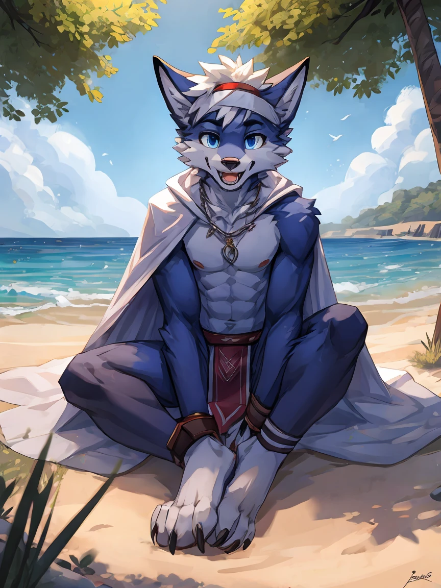 teenanger,solo,freshmen,young people,white hair, nipples,fox, blue eyes, masterpiece, bright blue fur, clean face, blue necklace, thick eyebrows, detailed eyes, anthro, claw, (white headband),white hands,white feet,white cape,outdoor,open mouth,looking at viewer,wrist guard,seaside,white loincloth,trees,full body,sit