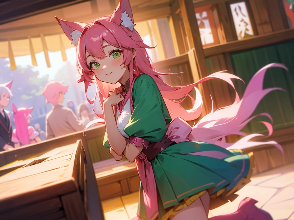 kitsune idol in a tavern, foxgirl, pink fox ears, pink fox tails, pink hair, green eyes, light blue idol dress, tavern background, high quality, masterpiece
