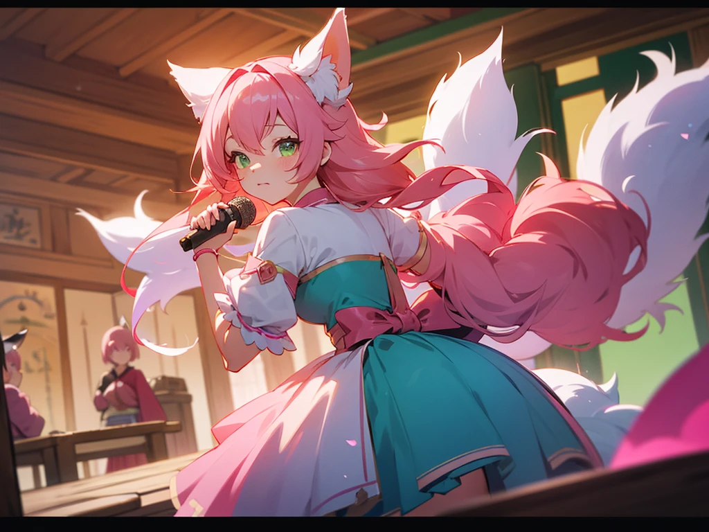 kitsune idol in a tavern, foxgirl, pink fox ears, pink fox tails, pink hair, green eyes, light blue idol dress, tavern background, high quality, masterpiece