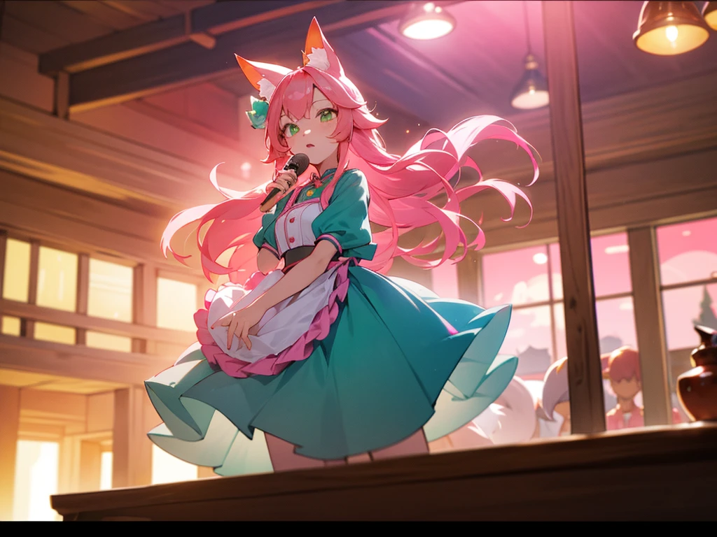 kitsune idol in a tavern, foxgirl, pink fox ears, pink fox tails, pink hair, green eyes, light blue idol dress, tavern background, high quality, masterpiece