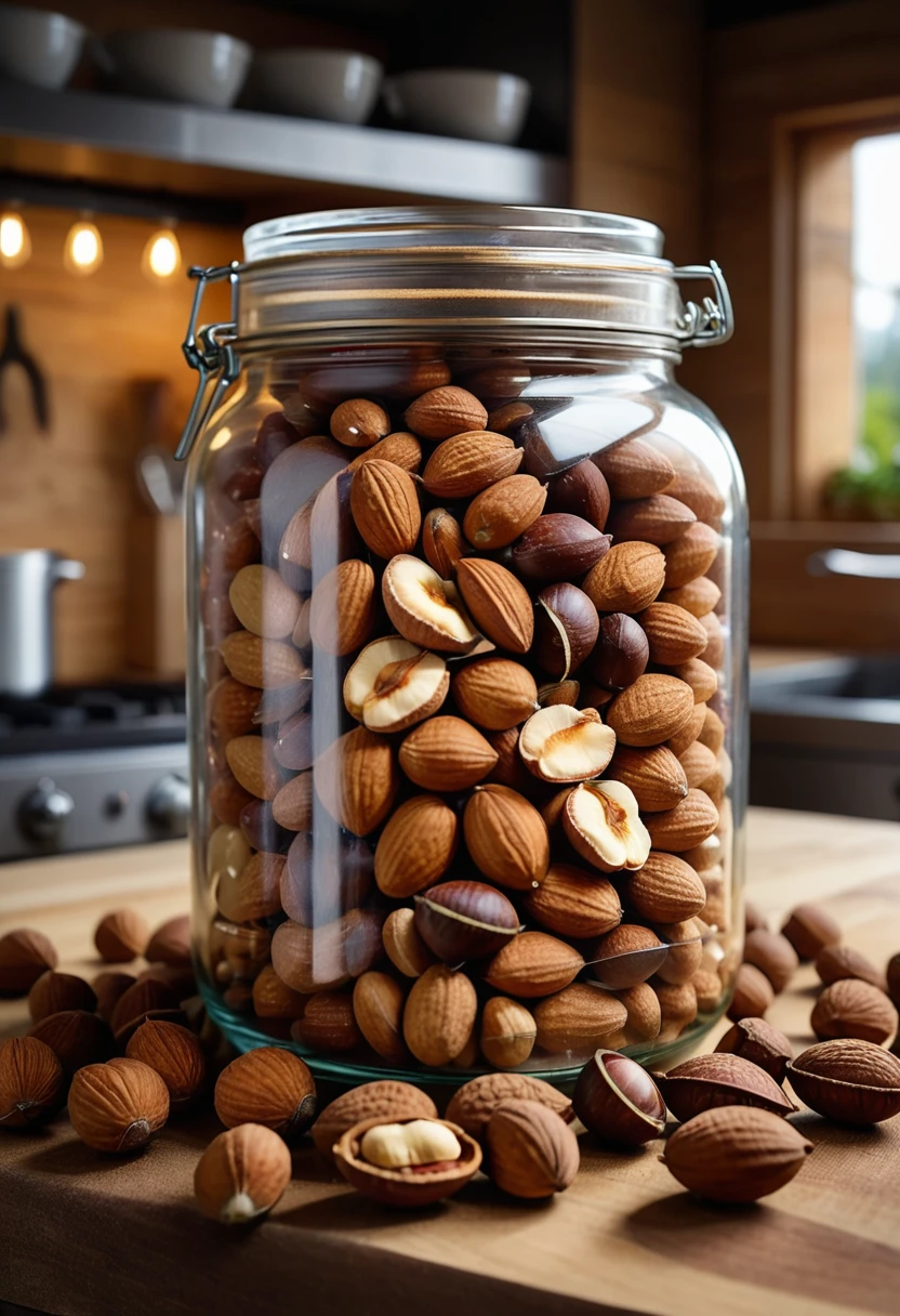 masterpiece, professional photography, close-up of a mixture of nuts (almonds, hazelnuts, walnut) in a large glass jar, kitchen (kitchen details), (cinematic lighting:1.5), dramatic, amazing depth of field,
shot on Lumix GH5 (cinematic bokeh, dynamic range, vibrant colors)