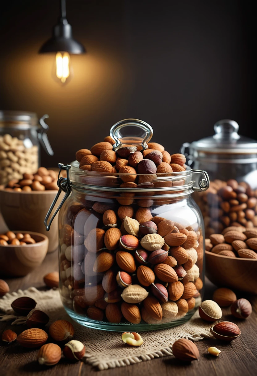 masterpiece, professional photography, close-up of a mixture of nuts (almonds, hazelnuts, walnut) in a large glass jar, kitchen (kitchen details), (cinematic lighting:1.5), dramatic, amazing depth of field,
shot on Lumix GH5 (cinematic bokeh, dynamic range, vibrant colors)