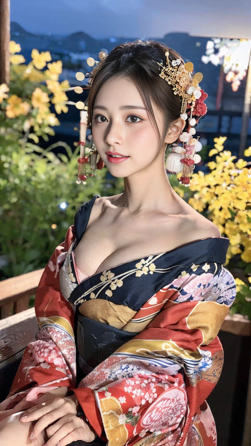 (8K、RAW Photosgraphy、Highest quality、masterpiece:1.2)、(Realistic、Photorealistic:1.37)、Ultra-high resolution、One Girl、cute、solo、night、Sitting、date、(Nose redness)、(Laughter:1.1)、(Closed)、huge 、Beautiful Eyes、(short hair:1.2)、(((Fireworks bursting into the sky、night)))、(((kimono、yukata)))、Cleavage、Perfect body、Perfect Fingers、Professional Lighting、Japanese Goddess、gravure、Detailed face and skin texture、Detailed eyes、RAW Photos