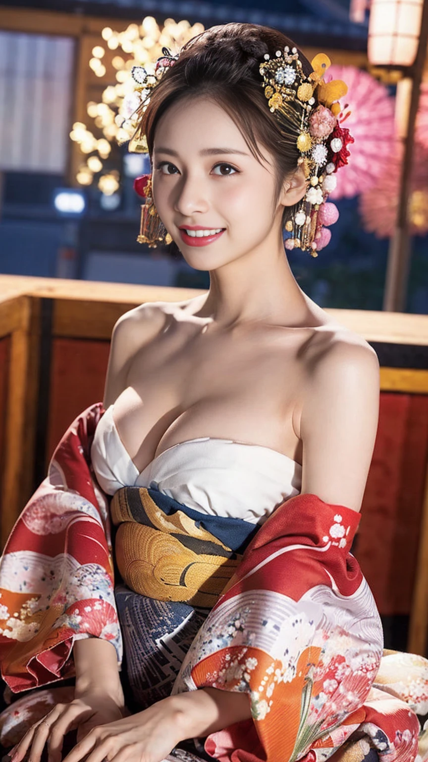 (8K、RAW Photosgraphy、Highest quality、masterpiece:1.2)、(Realistic、Photorealistic:1.37)、Ultra-high resolution、One Girl、cute、solo、night、Sitting、date、(Nose redness)、(Laughter:1.1)、(Closed)、huge 、Beautiful Eyes、(short hair:1.2)、(((Fireworks bursting into the sky、night)))、(((kimono、yukata)))、Cleavage、Perfect body、Perfect Fingers、Professional Lighting、Japanese Goddess、gravure、Detailed face and skin texture、Detailed eyes、RAW Photos