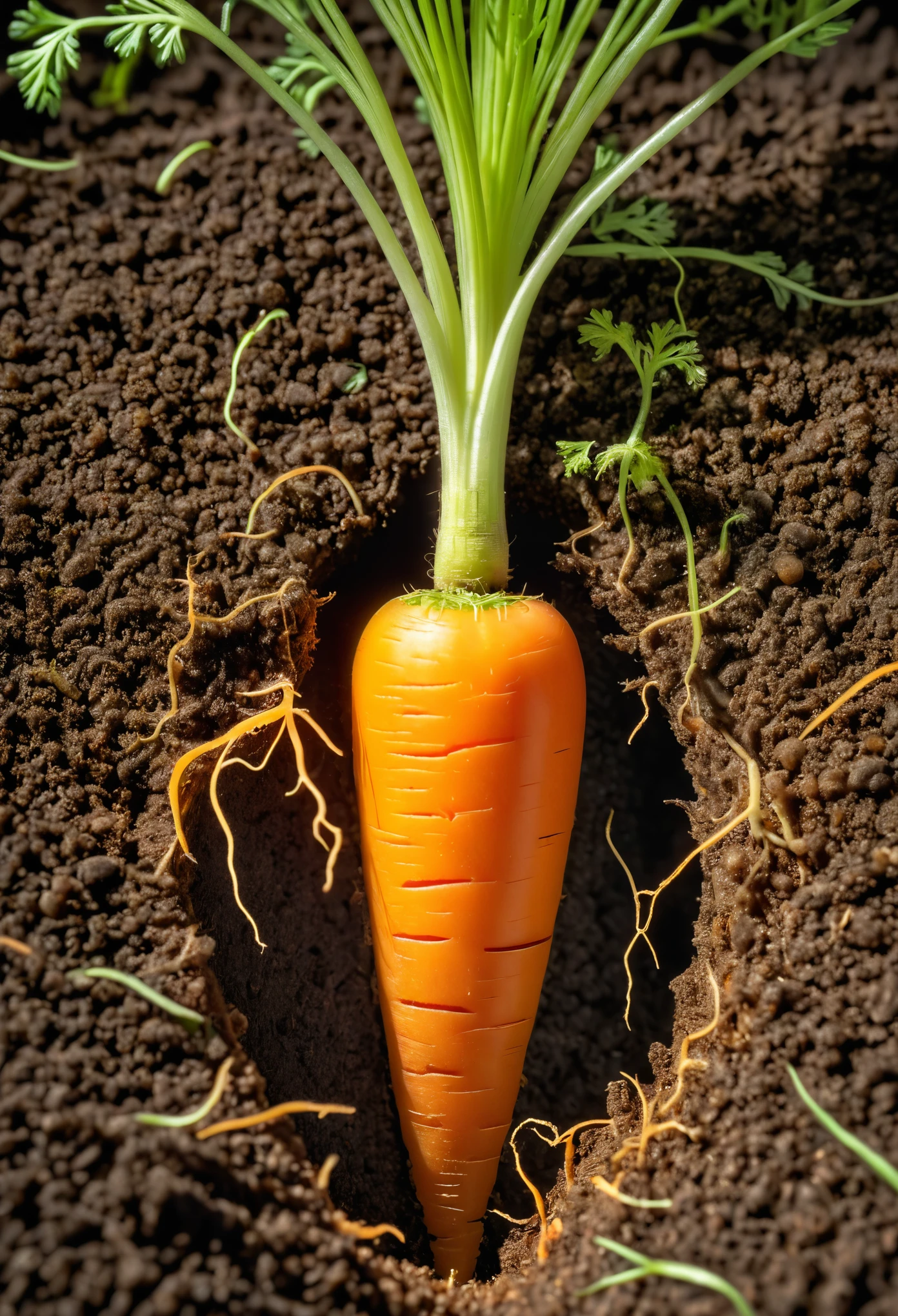 masterpiece, intricate detail, 8K, HDR,
Cross section of a carrot growing in the ground. A scientific perspective on the cross section of a carrot growing.