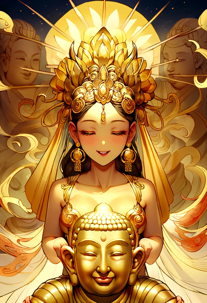Buddha statue with the halo of the sun god，Golden，Golden背景，Face enlargement，
