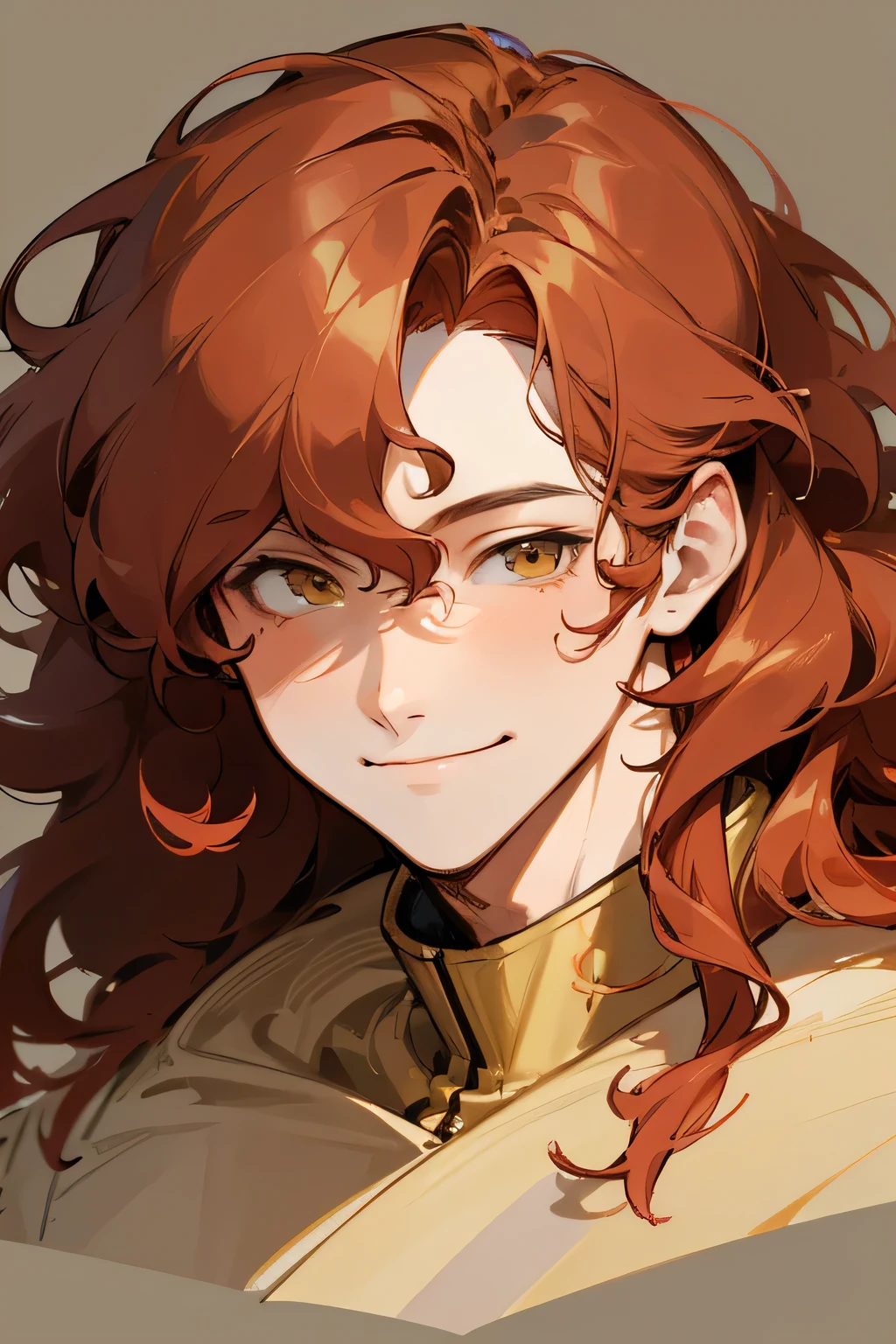 man Messy red wavy hair, soft look, man, stunning anime face portrait, looking to nothing, smile thinly, manly, bright warm GOLDEN YELLOW high detailed thin eyes, grayard grey background, high detailed shadow