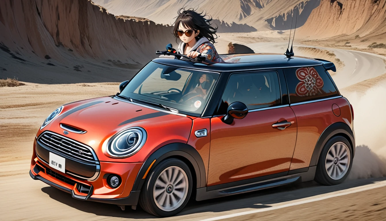 ((8k of extremely detailed CG unit, Masterpiece, high resolution, highest quality, highest quality real texture skin)), (wearing Japanese pattern headphones), ((1 girl)), (((Driving a Mini Cooper))), (((sunglasses))), (Japanese pattern hoodie, Japanese-style shorts), (Black hair, messy hair, beige skin), (surreal, digital painting)