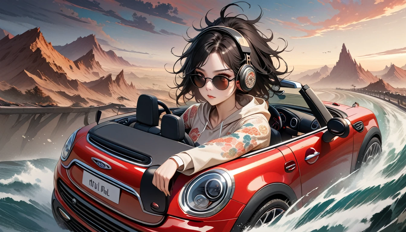 ((8k of extremely detailed CG unit, Masterpiece, high resolution, highest quality, highest quality real texture skin)), (wearing Japanese pattern headphones), ((1 girl)), (((Driving a Mini Cooper))), (((sunglasses))), (Japanese pattern hoodie, Japanese-style shorts), (Black hair, messy hair, beige skin), (surreal, digital painting)