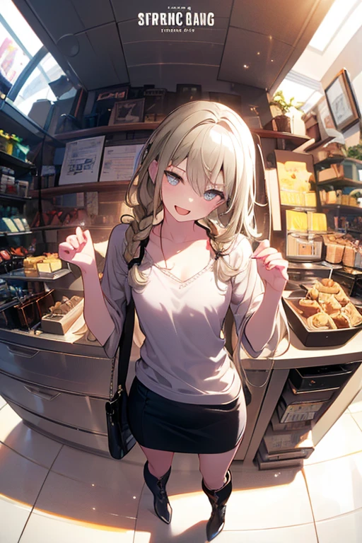 (small breasts:1.2), (perky chest:1.2), (pointed chest:1.2), (Pudding cake magazine cover:1.3),(from above:1.0),(shoot from the side:1.1),masterpiece, 1girl, Amazing Cleavage:1.1, thin waist, optimum,tmasterpiece,hight resolution,best qualtiy,hyper HD,super detailing,awardwinning,a 18yo cute girl,(The upper part of the body),anatomy correct,Beautiful Black miniskirt,garters,Gaze,Small face,bangss,holster,Beautuful Women,hands up,leg holster,Gaze,black boots,Cowboy Shot,cute face,a blond,Longhaire,Twin-tailed,Braids, Hairline,(scarlet eyes),long eyelasher,Hanging eye corners,White skin of the, ((see through camisole:1.1)), ((Sheer nipples:1.0)),Rocket Tits,(Slim body),smile,seductive weak smiling,(with sparkling eyes and a contagious smile),little open mouth, Looking at Viewer,