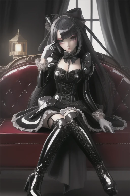 (gothic, gothic ****tafashion, dark persona:1), (corrupted dark magical girl, long hair:1.2), (gothic frilly ****tafashion dress:1.2), (latex gloves, multilayered dress:1), (shiny glossy translucent clothing, gleaming oily latex fabric:1.1), backlight, (gothic****ta boots, shoes focus, fishnet stockings:1.2), (many frills, big bow, lace:1.3), (glossy lips, eyeshadow, mascara, dark makeup:1.2), (sitting on latex sofa:1.3), (gloomy:1.1),