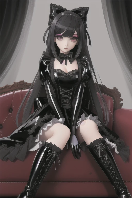 (gothic, gothic lolitafashion, dark persona:1), (corrupted dark magical girl, long hair:1.2), (gothic frilly lolitafashion dress:1.2), (latex gloves, multilayered dress:1), (shiny glossy translucent clothing, gleaming oily latex fabric:1.1), backlight, (gothiclolita boots, shoes focus, fishnet stockings:1.2), (many frills, big bow, lace:1.3), (glossy lips, eyeshadow, mascara, dark makeup:1.2), (sitting on latex sofa:1.3), (gloomy:1.1),