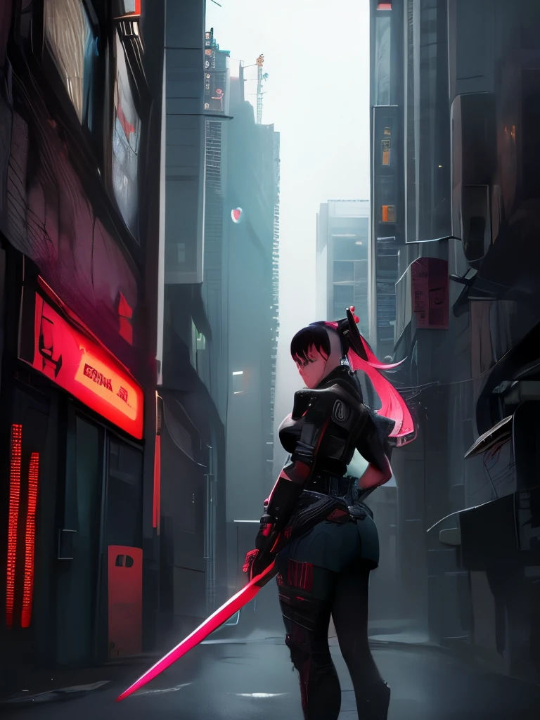 a woman with a sword standing in front of a demon, cyberpunk art by Liam Wong, trending on cgsociety, conceptual art, anime cyberpunk art, cyberpunk anime art, neon and dark, cyberpunk art style, cyberpunk anime girl, neon samurai, very beautiful cyberpunk samurai, neon cyberpunk style, cyberpunk vibe, bright cyberpunk glow, digital cyberpunk anime art, cyberpunk horror style