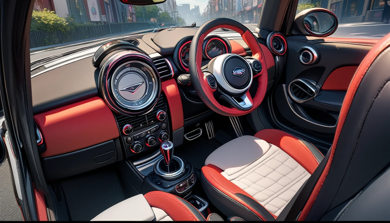 ((8k of extremely detailed CG unit, Masterpiece, high resolution, highest quality, highest quality real texture skin)), (wearing Japanese pattern headphones), ((1 girl)), (((Mini Cooper))), (((Take the driver's seat))), (((Take the wheel))), (((sunglasses, ponytail))), (Japanese pattern hoodie, Japanese-style shorts), (Black hair, messy hair, beige skin), (surreal, digital painting)