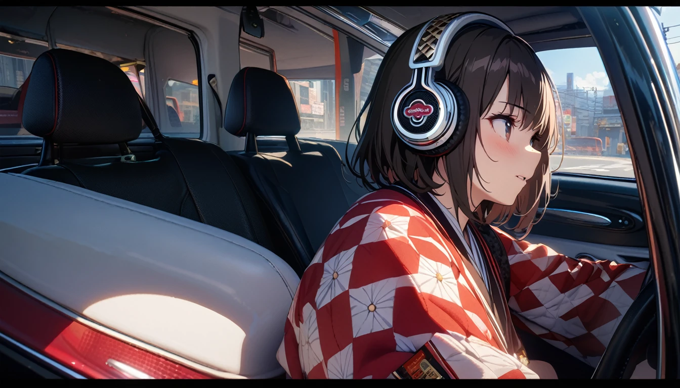 ((8k of extremely detailed CG unit, Masterpiece, high resolution, highest quality, highest quality real texture skin)), (wearing Japanese pattern headphones), ((1 girl)), (((Mini Cooper))), (((Take the driver's seat))), (((Take the wheel))), (((sunglasses, ponytail))), (Japanese pattern hoodie, Japanese-style shorts), (Black hair, messy hair, beige skin), (surreal, digital painting)
