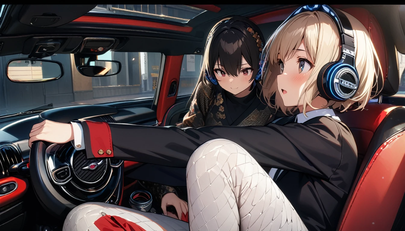 ((8k of extremely detailed CG unit, Masterpiece, high resolution, highest quality, highest quality real texture skin)), (wearing Japanese pattern headphones), ((1 girl)), (((Mini Cooper))), (((Take the driver's seat))), (((Take the wheel))), (((sunglasses, ponytail))), (Japanese pattern hoodie, Japanese-style shorts), (Black hair, messy hair, beige skin), (surreal, digital painting)